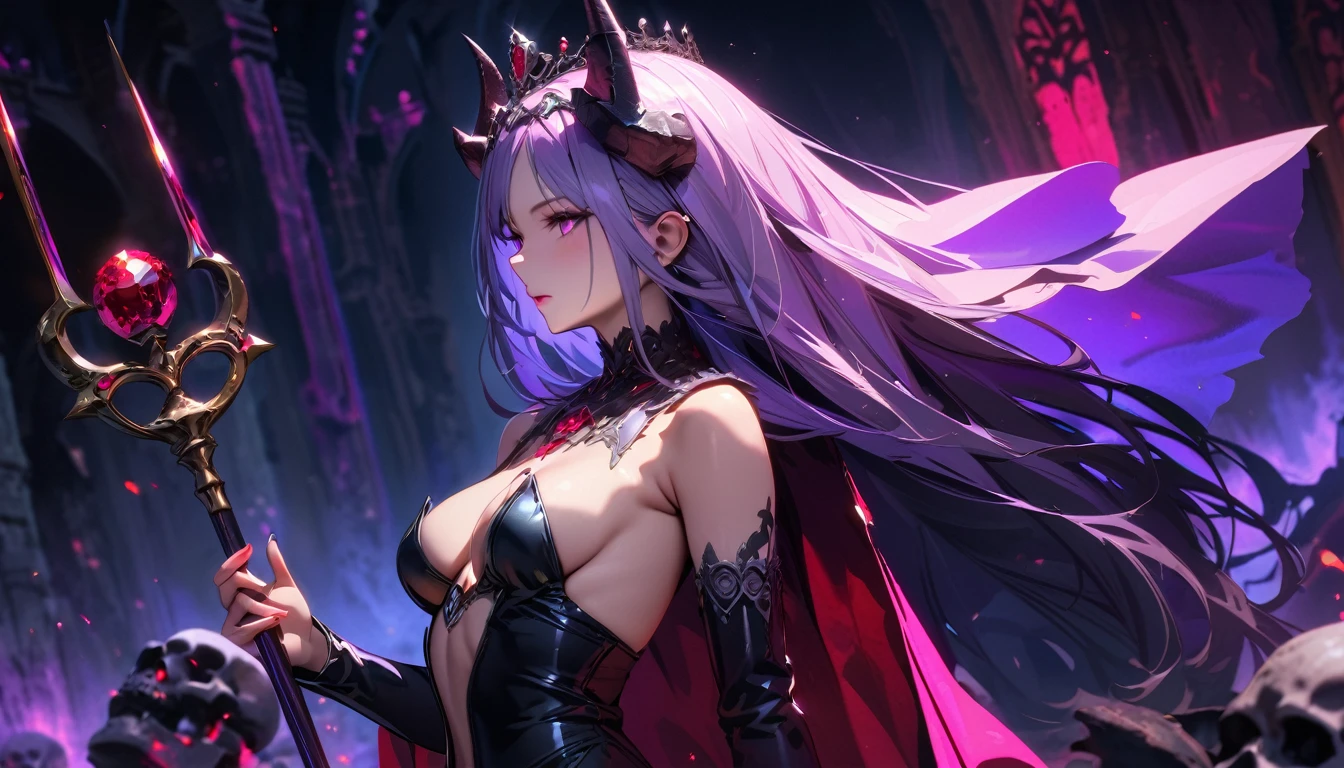 masterpiece, Best quality, 1 girl,photo, Studio photography, from the waist up, upper body, Shoulders back, long hair covers shoulders, headband with black roses and veil, tiara of bloodstones and rubies with black metal, pale-skinned woman with a seductive expression, iridescent skin, Succubus, Twisted Horns, on a throne of stone spikes in the underworld, underworld, afterlife, Surrounded by demons, dark atmosphere, purple lighting, light rays, skull, iridescent scepter, the evening Mediterranean light casts a warm glow on her porcelain skin., High-resolution image, digital painting, Spiritual peace, golden ratio composition, cowboy shot, brilliant, brilliant hair, (night:1.2),Dreamy, [[gentle fingers and hands:0.55]::0.85],(detailed fingers),),(emotional),(breathtaking),(main part:1.2) whole body.), (Anime Style), (Super Detailed), (brutal), (uhd, HDR), (8k), (High Resolution: 1.2), (Complex and Beautiful: 1.2)