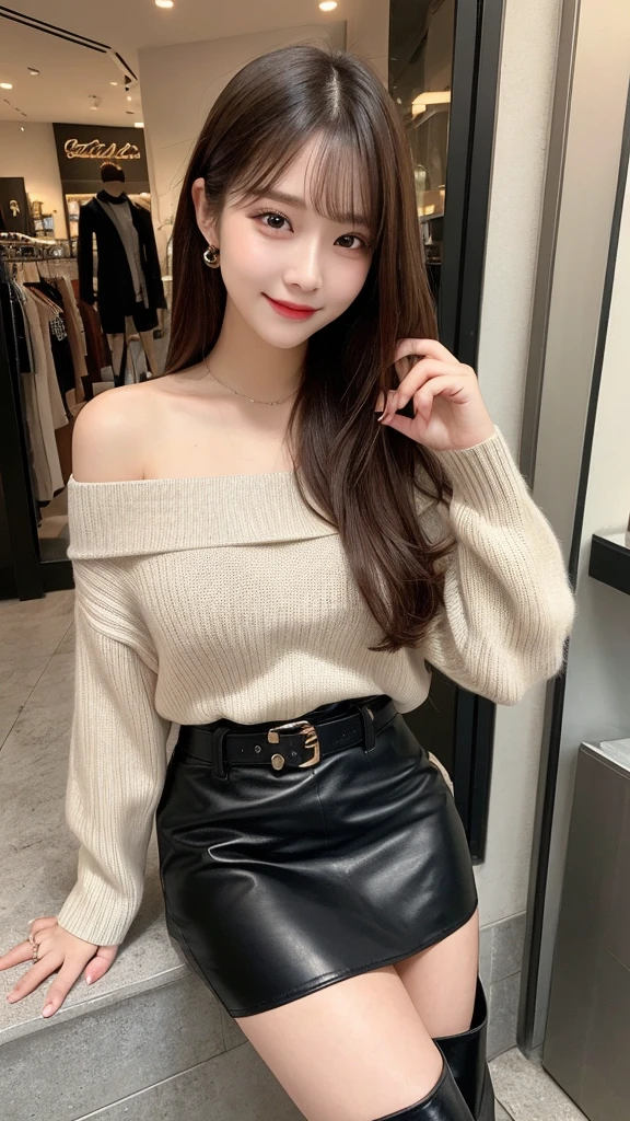 best quality, masterpiece, High resolution, high quality、Beautiful details, Long Hair, Natural color lip、Transparent muscle、Shiny Hair、Tabletop, Top quality, Very detailed, In detail, High resolution, 8k、Cute pose,Beautiful legs,Perfect beautiful face,KPOP idol faces,Ecstatic face、Cute Face,thigh-high boots、leather skirt、Off-the-shoulder sweater、smile、underhopping mall、Apparel Shop、bag、belt、mini skirt、20 years old、stand、