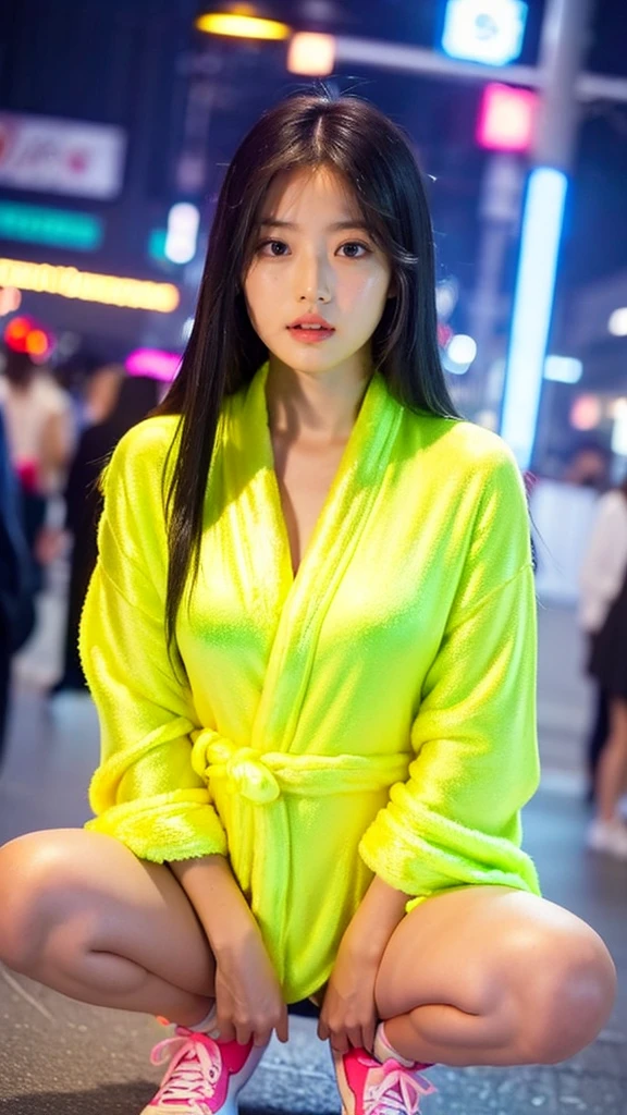 (Neon Lights, at crowd night street, 1 girl, medium breasts, Neon yellow satin bathrobe, sneakers, medium black hair, straight hair, hair down, Spread legs, squatting:1.5), fair-skinned, glossy lips, skinny, body type, delicate and sexy clavicle, highest quality, RAW photo, realistic, face, incredibly ridiculous beautiful girl, cute, Depth of bounds written, High resolution, ultra detail, detailed, Very detailed, extremely detailed eye and face, sharp pupils, sharp focus