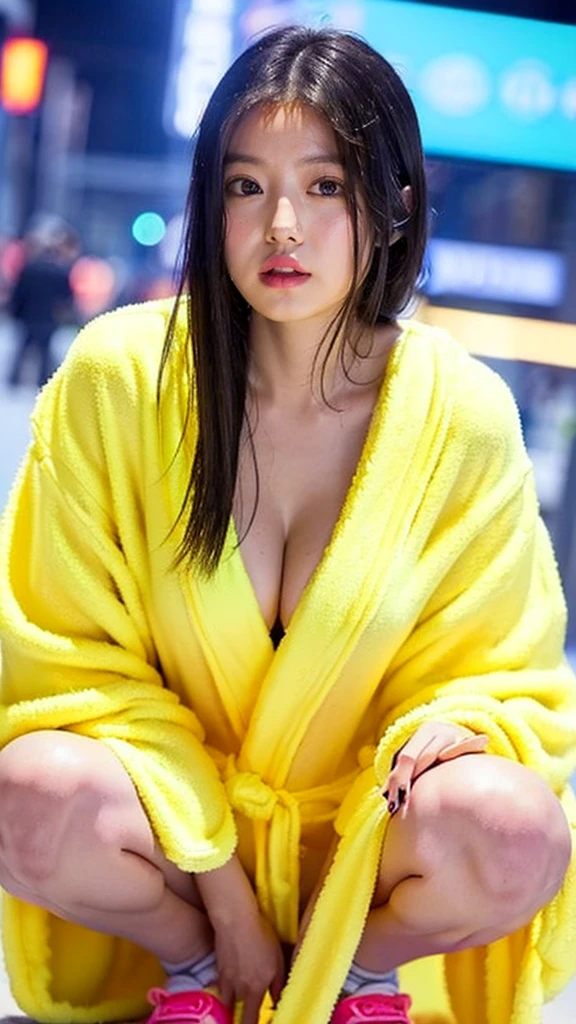(Neon Lights, at crowd night street, 1 girl, medium breasts, Neon yellow satin bathrobe, sneakers, medium black hair, straight hair, hair down, Spread legs, squatting:1.5), fair-skinned, glossy lips, skinny, body type, delicate and sexy clavicle, highest quality, RAW photo, realistic, face, incredibly ridiculous beautiful girl, cute, Depth of bounds written, High resolution, ultra detail, detailed, Very detailed, extremely detailed eye and face, sharp pupils, sharp focus