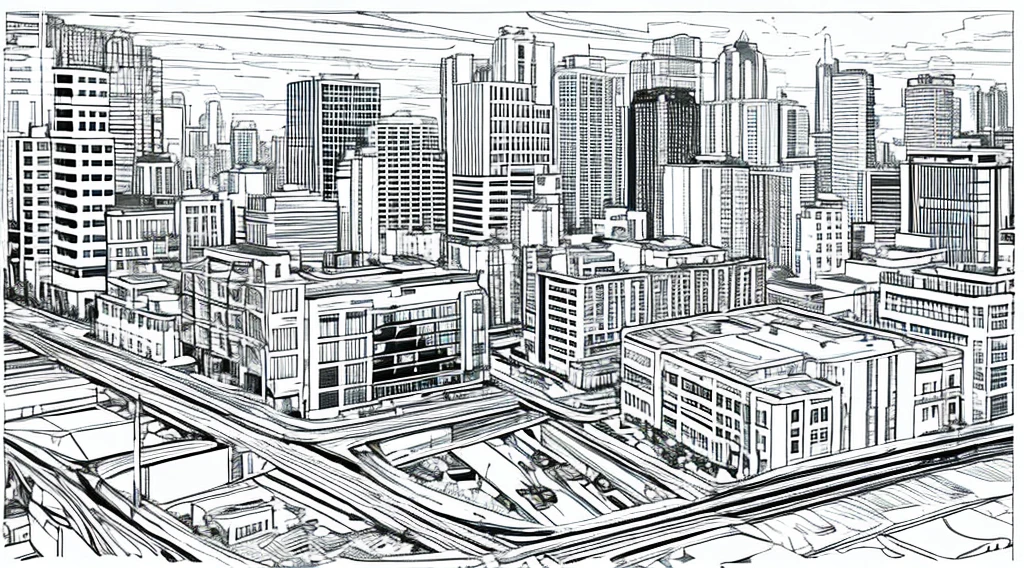 draw coloring book pages with black and white lines only, no color, jurassic dinosaurs, simple line, illustration, ink drawing, very visible thick outlines, clean lines, line art, clipart. Dinosaurs with babies. The streets and the city are in the background.