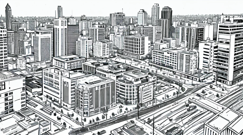 draw coloring book pages with black and white lines only, no color, jurassic dinosaurs, simple line, illustration, ink drawing, very visible thick outlines, clean lines, line art, clipart. Dinosaurs with babies. The streets and the city are in the background.