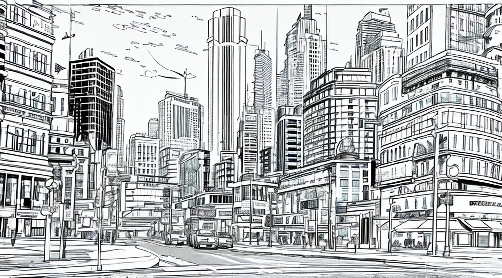 draw coloring book pages with black and white lines only, no color, jurassic dinosaurs, simple line, illustration, ink drawing, very visible thick outlines, clean lines, line art, clipart. Dinosaurs with babies. The streets and the city are in the background.