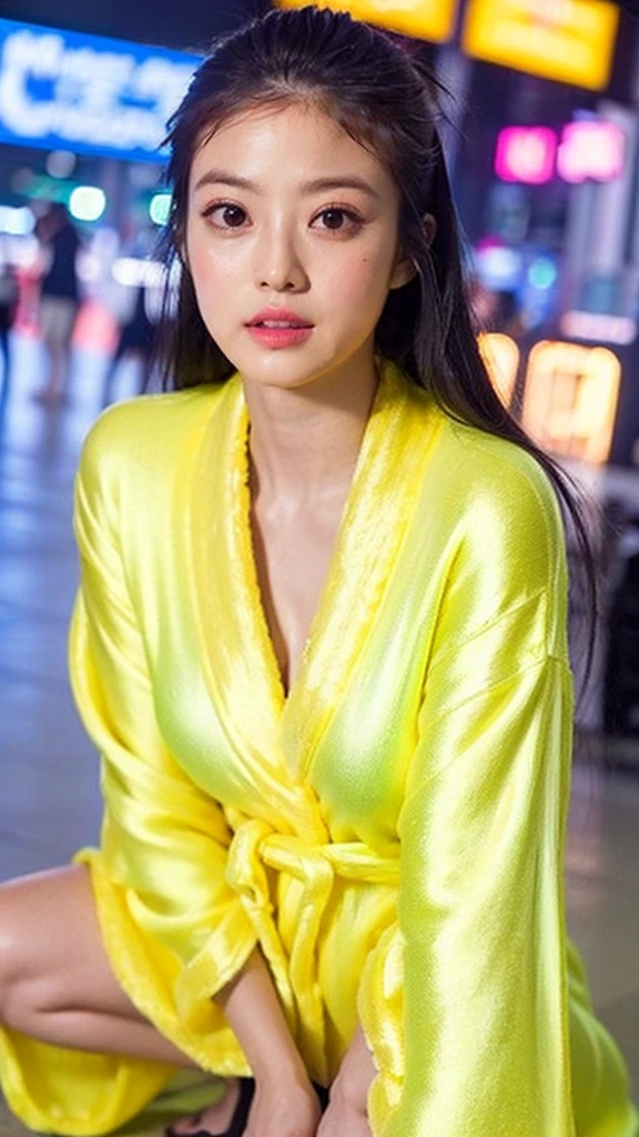 (Neon Lights, at crowd night street, 1 girl, medium breasts, Neon yellow satin bathrobe, sneakers, medium black hair, straight hair, hair down, Spread legs, squatting:1.5), fair-skinned, glossy lips, skinny, body type, delicate and sexy clavicle, highest quality, RAW photo, realistic, face, incredibly ridiculous beautiful girl, cute, Depth of bounds written, High resolution, ultra detail, detailed, Very detailed, extremely detailed eye and face, sharp pupils, sharp focus