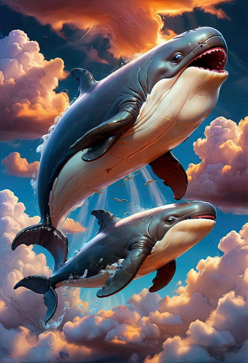 Flying Whale, Winged Whale, A giant whale flying through the sky, extremely detailed whale, glowing whale body, ethereal whale, whale surrounded by clouds, dramatic lighting, cinematic angle, fantasy landscape, vibrant colors, epic, mystical, ethereal, surreal, masterpiece, best quality, very aesthetic, absurdres
