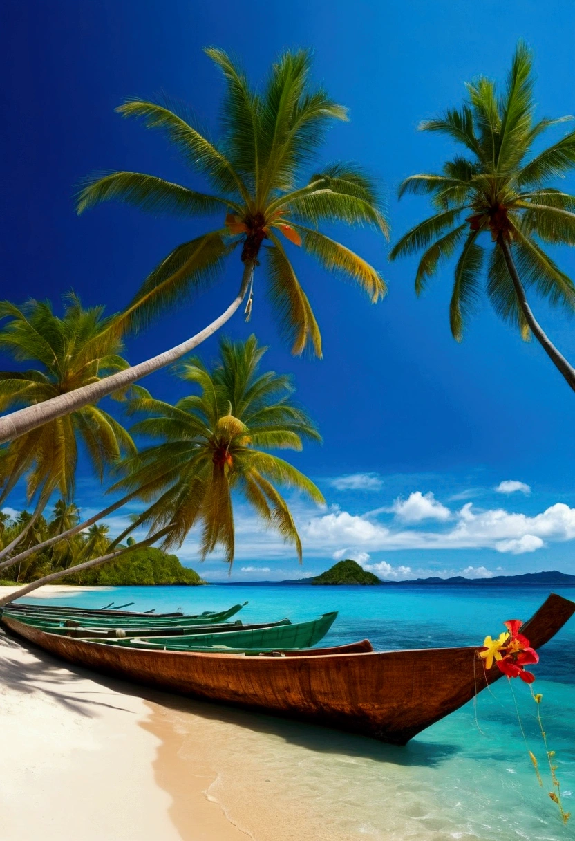 hibiscus、Coconut trees along the beach，sunny，blue sea，Coconut water，hibiscusの花、Long diagram、Dazzling Sun、