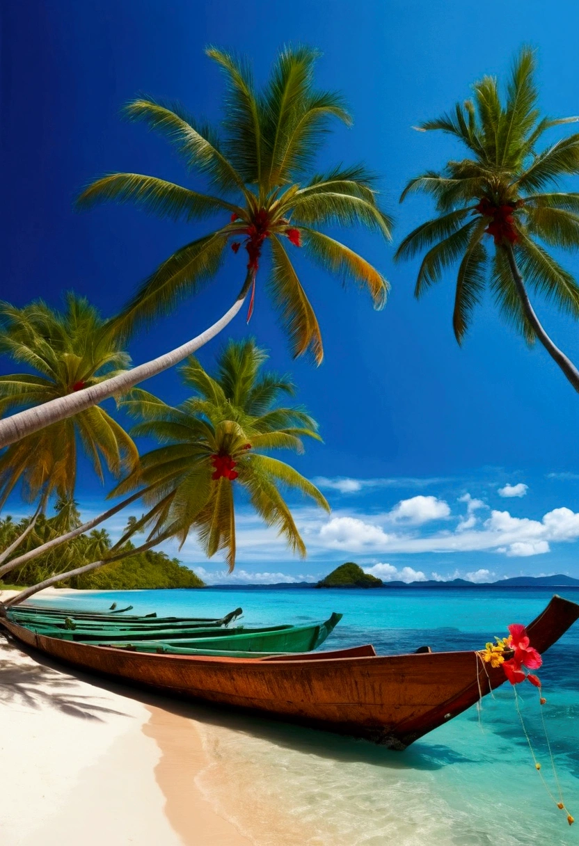 hibiscus、Coconut trees along the beach，sunny，blue sea，Coconut water，hibiscusの花、Long diagram、Dazzling Sun、