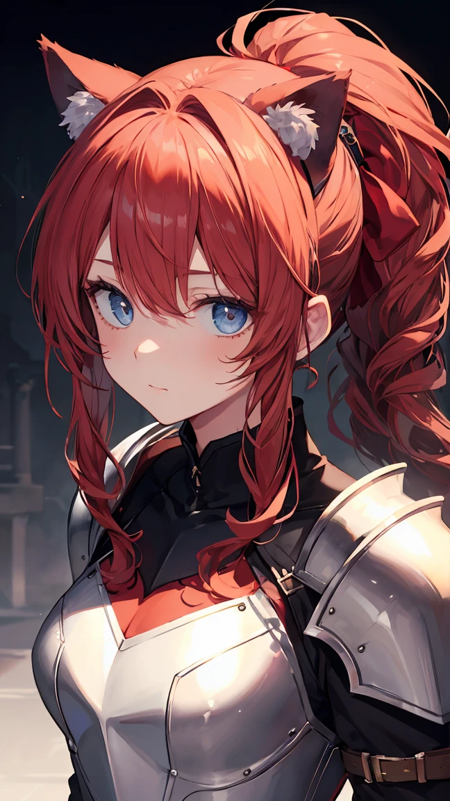 ((masterpiece)), ((best quality)), perfect detailed eyes, perfect detailed face, ultra-detailed nose, red hair, messy hair, sidelocks, ponytail, knight, Armor, shoulder pads, Cat ears headband, whole body