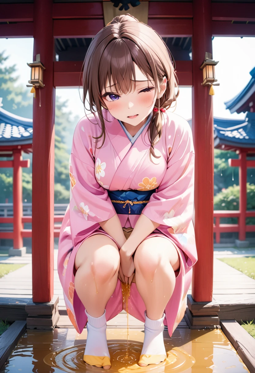 nsfw, (masterpiece, top quality, best quality, highly detailed:1.6), extremely detailed CG unity 8k wallpaper, (1 woman standing on the shrine, outdoor, Pastel Colors kimono:1.5), (Maxi Length), strong facial expression, (sharp eye:1.2), (scowl:1.1), (embarrassed,blush:1.3), (steam:1.5), (wet:1.1), (sweat:1.1), (trembling:1.3), (parted lips:1.4), (harf open eyes:1.5), (feeling weak:1.5), (shoot from front, looking at viewer:1.2), (leaning forward,close knees, hands between legs, pee running down legs:2), (((clutching crotch))), (one eye closed, wink), Sandals, (long hair, Brown hair, low ponytail:1.4), (woman trembling with sexual climax:1.5), colorful, full body, wide shot, perfect composition, (Crossing legs, Touching the crotch:1.7), urination, incontinence, piss, peeing self, A lot of pee, pee running down legs, (((pee stream))), (pee puddle), wetting herself, peeing, blush, trembling, embarrassed, large breasts, Yellow pee, ((leaking pee)), Shaking one's shoulders, Breaking a sweat on forehead, puddle of pee, Pee at your feet, Pee spread on the floor, (Pee stains), Feet wet from pee, Pee-covered feet, Pee at your feet, want to pee, about to pee, Full bladder, Pee-soaked kimono, Pee-soaked ankle socks, Pee-soaked sandasls, natural makeup,