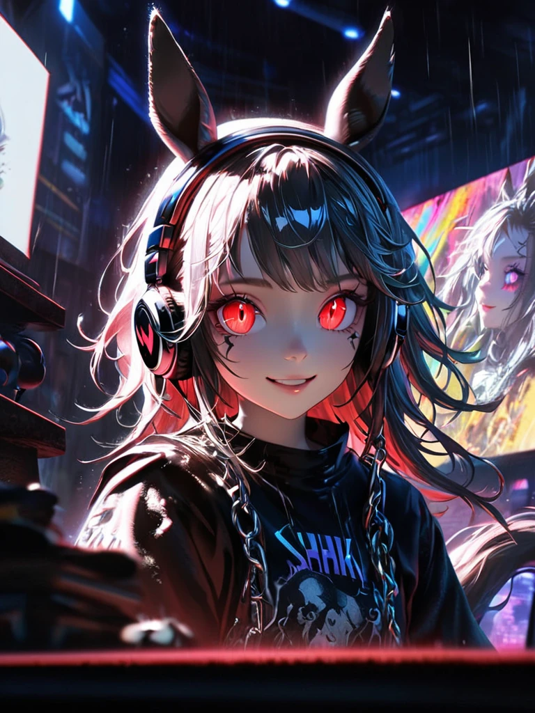 1 girl, chromatic aberration, Written boundary depth, Soft Light, masterpiece, Highest quality, complicated, Tone Mapping, Very detailed, Art Station, Concept Art, Smooth, Clear focus, Dramatic lighting, Very detailed artwork, movie, super practical painting, Art Station's trending, 8k, Incredible Shadows, practical, (Very detailed background:1.0), whole body, View, Viewers, Very detailed portrait of one girl 1, standing on street corner, Heavy rain and lightning、Dark Sky, neon and cyber punk background, she is dressed in punk clothing with silver chains and silver spikes, Her hair was dyed a bright black color.,The middle part is black, She is wearing headphones, Detailed red eyes with clear pupils, Ominous aura of light, smile, punk, ciber punk, Backlight.Has horse ears、There is a horse tail,Approaching the horse.No headphones needed、More Horses.running