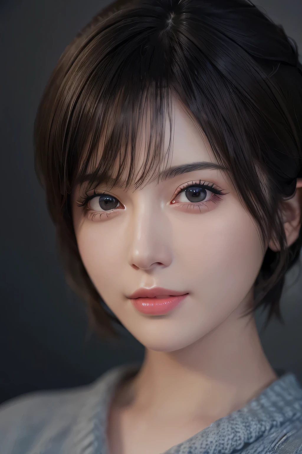 (masterpiece:1.3), (8k, Realistic, RAW Photos, Highest quality: 1.4), (One girl), Beautiful Face, (Realistic Face), (Black Hair, short hair:1.3), Beautiful hairstyle, Realistic eyes, Beautiful attention to detail, (Realistic Skin), Beautiful Skin, (sweater), Absurd, Charm, Ultra-high resolution, Ultra-realistic, Very detailed, Golden Ratio