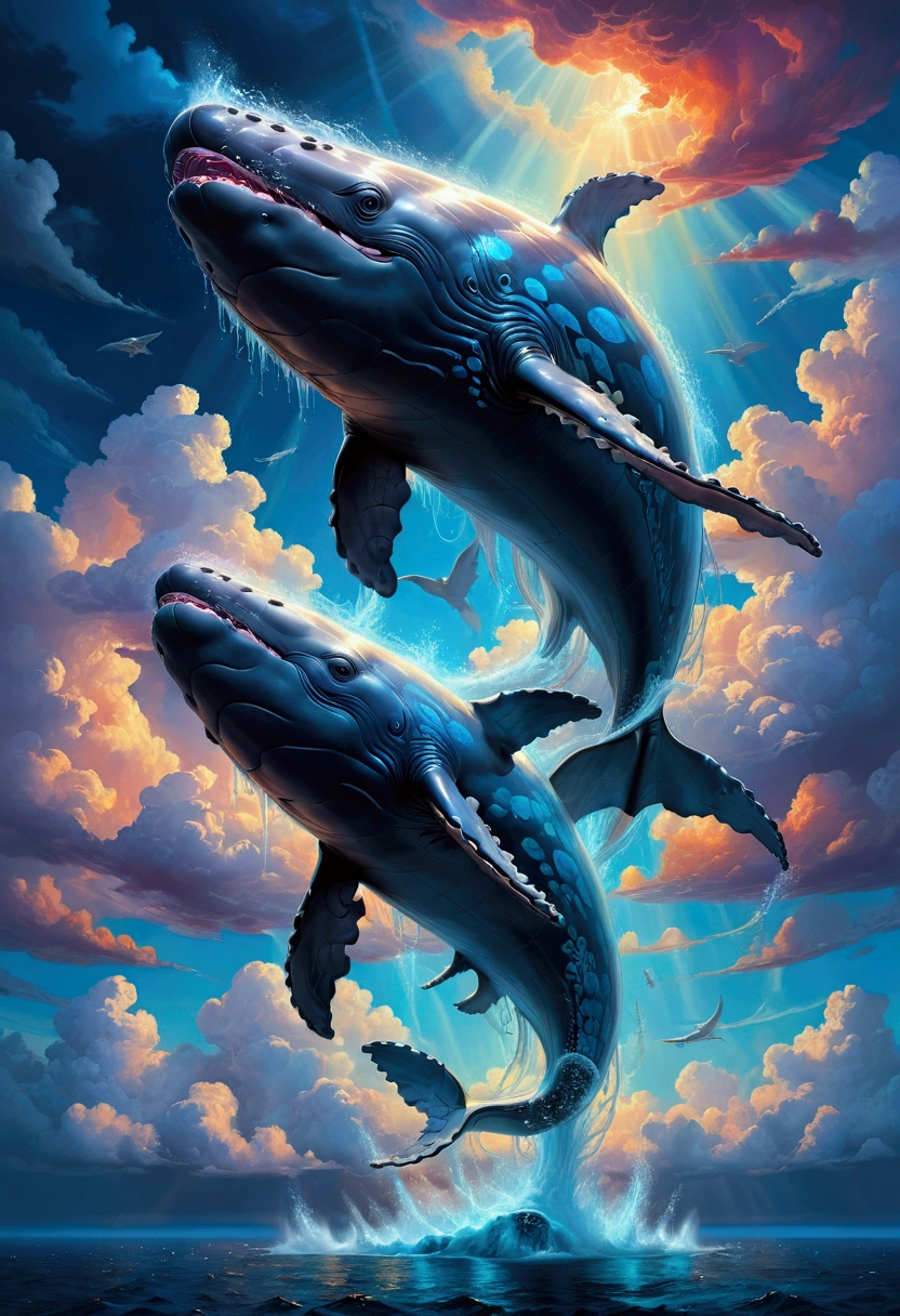Flying Whale, Winged Whale, A giant whale flying through the sky, extremely detailed whale, glowing whale body, ethereal whale, whale surrounded by clouds, dramatic lighting, cinematic angle, fantasy landscape, vibrant colors, epic, mystical, ethereal, surreal, masterpiece, best quality, very aesthetic, absurdres