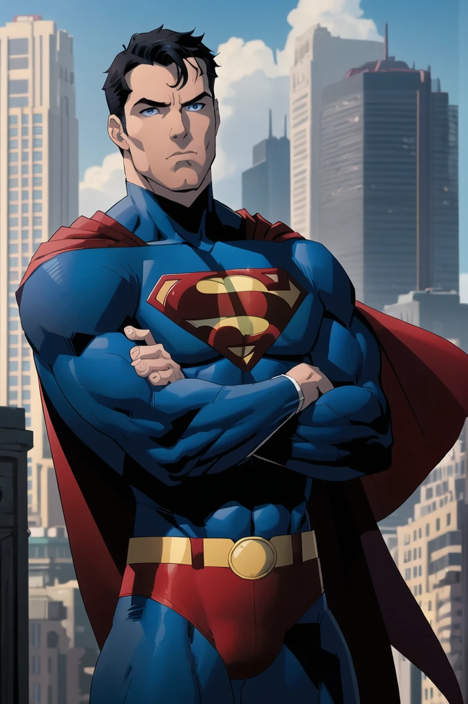 1boy, superman, abs, bara, black hair, blue bodysuit, blue eyes, bodysuit, cape, closed mouth, crossed arms, large pectorals, male focus, muscular, muscular male, pectoral lift, pectorals, red cape, short hair, outdoors, skyscrapers, solo, superhero, upper body , ((masterpiece))