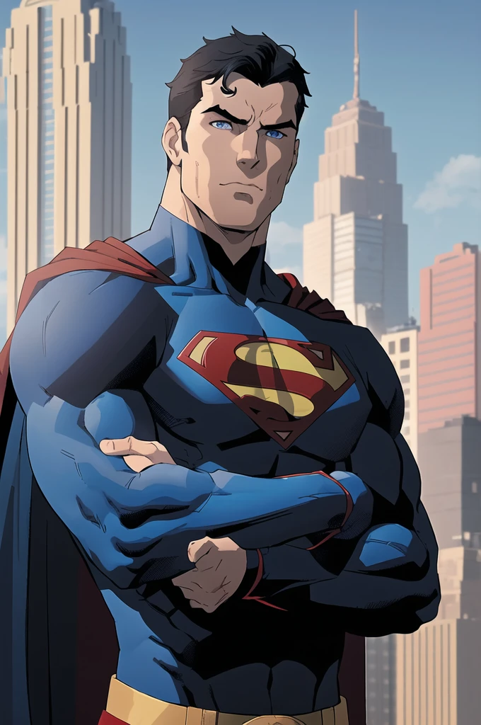 1boy, superman, abs, bara, black hair, blue bodysuit, blue eyes, bodysuit, cape, closed mouth, crossed arms, large pectorals, male focus, muscular, muscular male, pectoral lift, pectorals, red cape, short hair, outdoors, skyscrapers, solo, superhero, upper body , ((masterpiece))