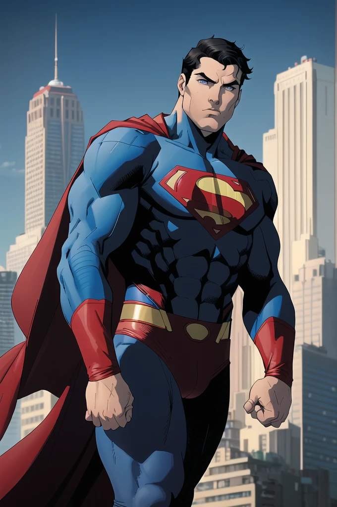 1boy, superman, abs, bara, black hair, blue bodysuit, blue eyes, bodysuit, cape, closed mouth, crossed arms, large pectorals, male focus, muscular, muscular male, pectoral lift, pectorals, red cape, short hair, outdoors, skyscrapers, solo, superhero, upper body , ((masterpiece))