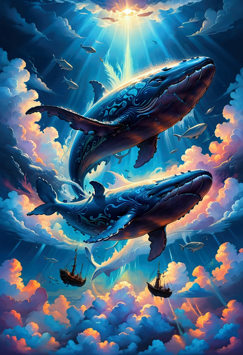 Flying Whale, Winged Whale, A giant whale flying through the sky, extremely detailed whale, glowing whale body, ethereal whale, whale surrounded by clouds, dramatic lighting, cinematic angle, fantasy landscape, vibrant colors, epic, mystical, ethereal, surreal, masterpiece, best quality, very aesthetic, absurdres
