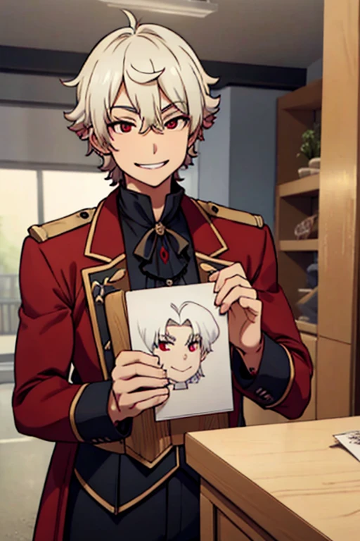 Perfect face. Perfect hands. A young white haired man with red eyes in a Gothic sheriff's uniform is smiling in front of a saloon.