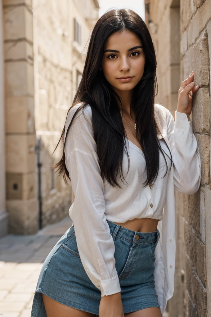 a woman in her twenties, with both Latina and Italian features. She has long, straight, silky black hair. His facial expression is neutral, with no smile or apparent emotion. The background of the image is completely white, without any distractions or extra elements.