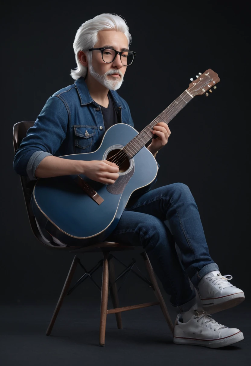 ultra-realistic photography of this person has white hair, wears small frame glasses, blue clothes, blue jeans, white sneakers, sitting on a chair playing an acoustic guitar, black background self-pleasure:1.2, stoic cinematic 4k epic detailed 4k epic detailed photograph shot on kodak detailed bokeh cinematic, detailed face, natural skin texture,full body