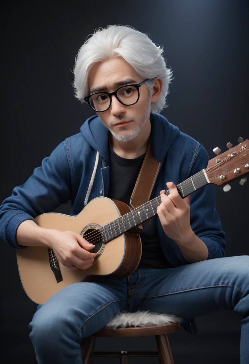 ultra-realistic photography of this person has white hair, wears small frame glasses, blue clothes, blue jeans, white sneakers, sitting on a chair playing an acoustic guitar, black background self-pleasure:1.2, stoic cinematic 4k epic detailed 4k epic detailed photograph shot on kodak detailed bokeh cinematic, detailed face, natural skin texture,full body