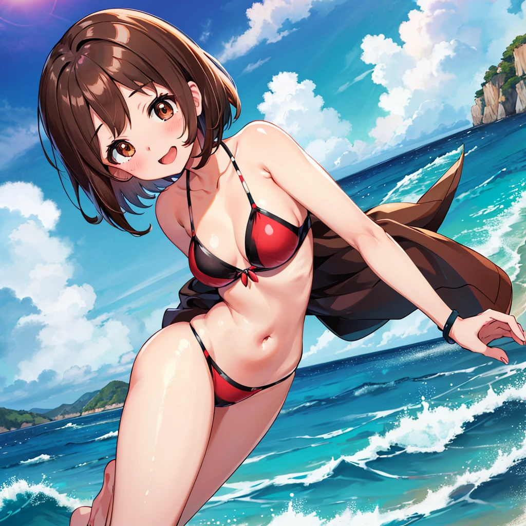 masterpiece, Highest quality, High resolution, Gloria1, 1 Girl, Gloria\(Pokémon\), Brown Hair, , Brown Eyes, , Short Hair, , Bobcut, bangs, , 1Describe a girl carefully 1Girl smile blush Open Mouth blush beach Ocean Sexy Bikini