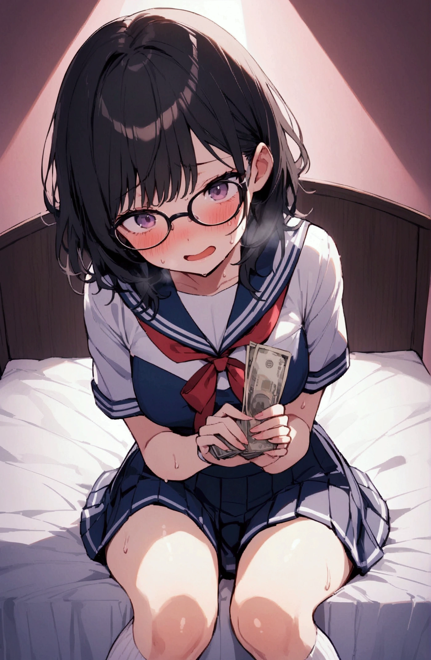 One woman、One Man、beautiful girl、high school girl、Glasses Girl、Short Hair、Sailor suit、Short pleated skirt、Love Hotel、Love Hotelの部屋、Pink lighting、Knee socks、King-size bed、Highest quality, Black Hair、Sweaty body、ムレムレのKnee socks、Sit on the bed、Sit with your legs apart、Embarrassed face、Light yellow panties、Scared、Money is handed over、Man holding money