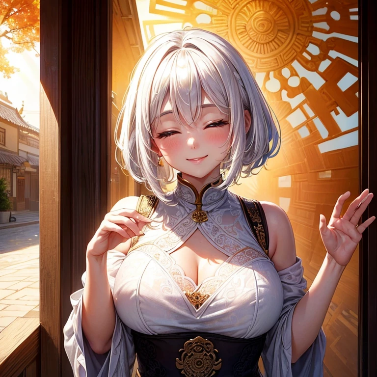 (masterpiece, best quality), (real picture, intricate details), (Good afternoon, sun, sunny) Hutong Entrance, embrace the sun, the sun hits the body, Eyes slightly closed. (1 girl, Messy short white hair, embracing the sun, Smile and raise your chin, side) Open your arms,