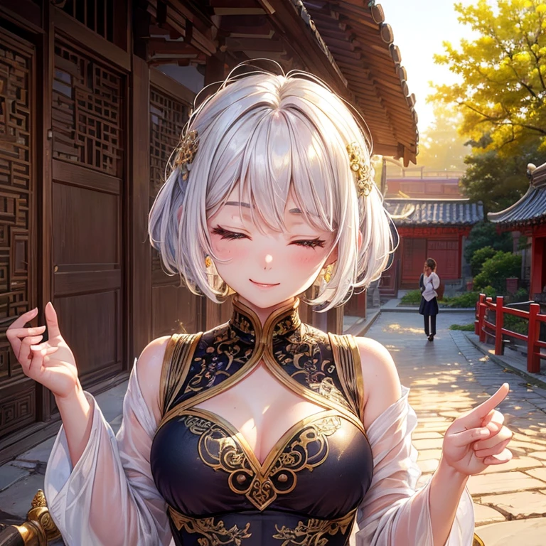 (masterpiece, best quality), (real picture, intricate details), (Good afternoon, sun, sunny) Hutong Entrance, embrace the sun, the sun hits the body, Eyes slightly closed. (1 girl, Messy short white hair, embracing the sun, Smile and raise your chin, side) Open your arms,