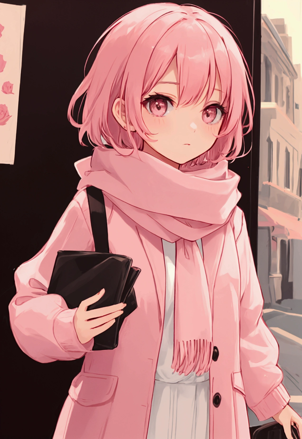 brilliant rose color short hair, girl, light pink scarf