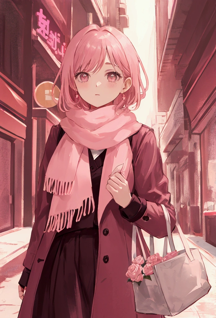 brilliant rose color short hair, girl, light pink scarf