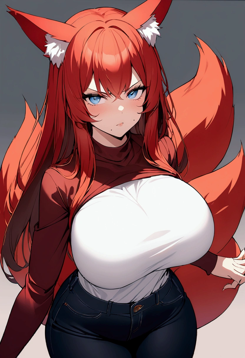 Create an image of a woman with red hair, she also has red fox ears, and several fox tails, she has a tight long-sleeved shirt on her huge breasts, her dark jeans tight on her big ass she has blue eyes, And a serious face, She has a small brown mole on the left side of her face near her chin, make her look more serious 