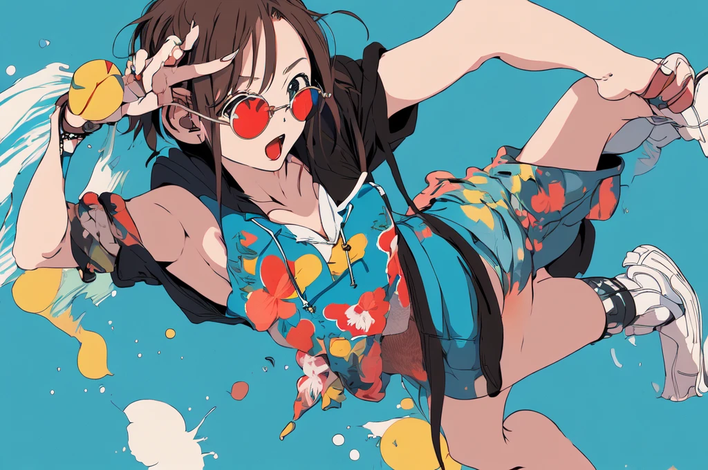 (masterpiece:1.2), Highest quality,Pixiv,Surprised girl,Portraiture,Tank top、(((((Not wearing a hoodie)))))、16 years old、Immediately after intense sex、Ecstasy、((((Midsummer clothes、Full body portrait))))、Shorts、Pop Art