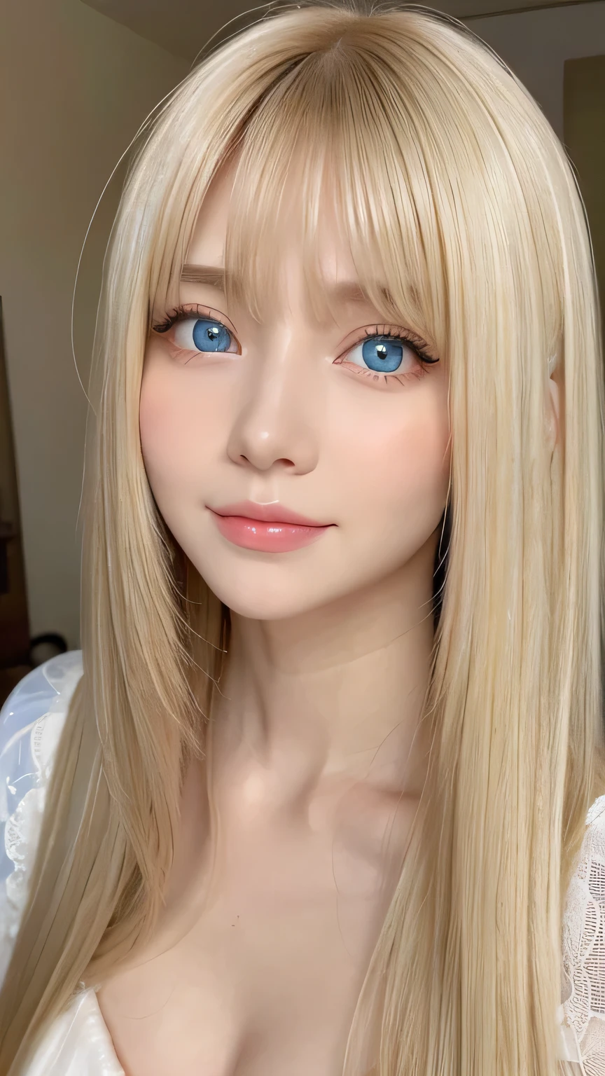 Super long, silky blonde hair、Very cute, beautiful and stunning girl、Bangs falling over the eyes、Hair on the face、Put one bang over your eye、Hair between the eyes、So perfect beautiful cute face、big, Her bright, light blue eyes are so beautiful and sparkling.、Very big eyes、White and lustrous skin、Small Face Beauty、Cheek gloss highlighter、Incredibly white, beautiful, bright and radiant skin、Round face