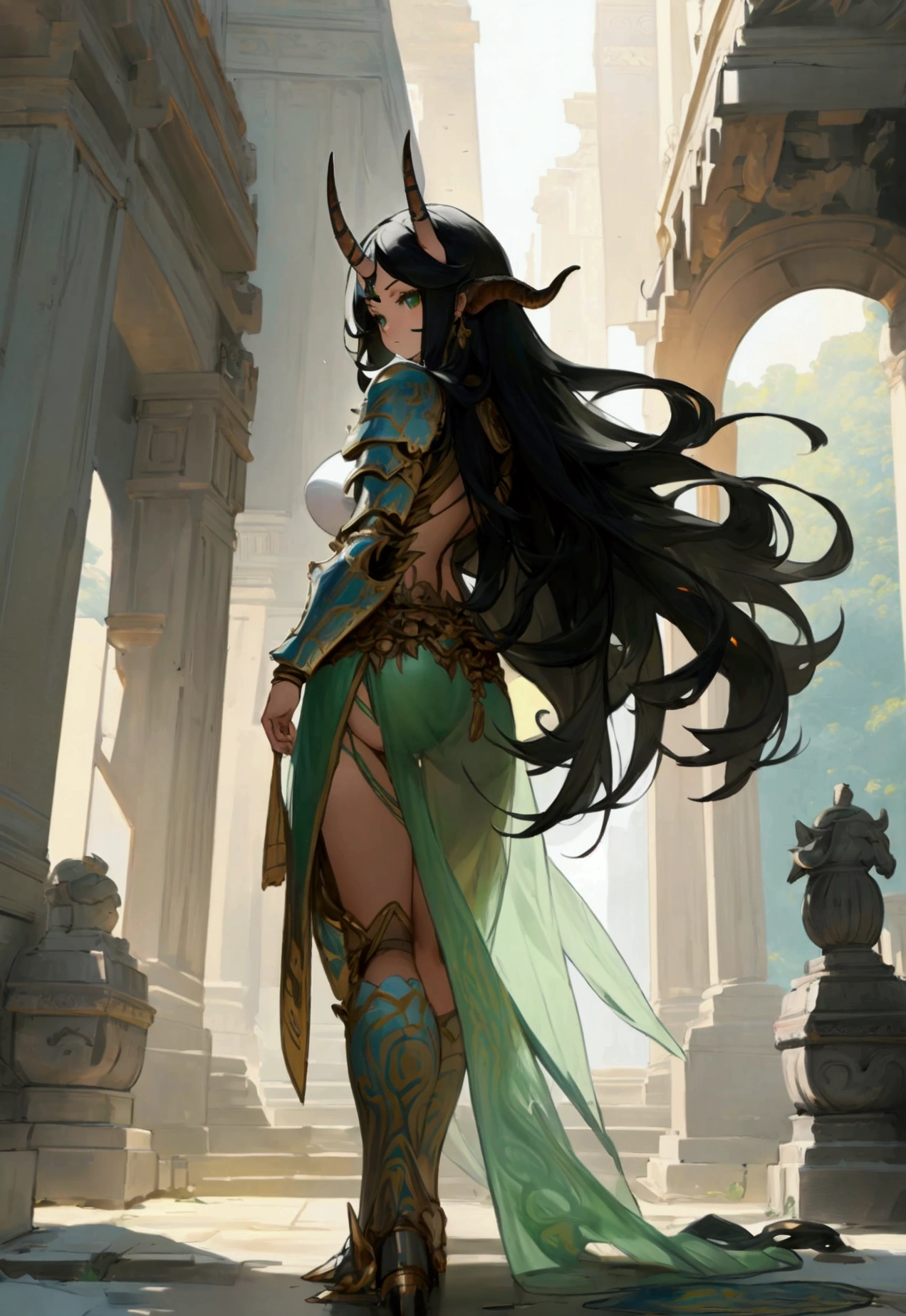 Absurd resolution, high resolution, (Artwork: 1.4), ultra-detailed concept art, female character, light armor, with long black hair, green eyes, fair skin, with huge, curved horns like those of a ram, coming out of the temples and curving back, with the entire body