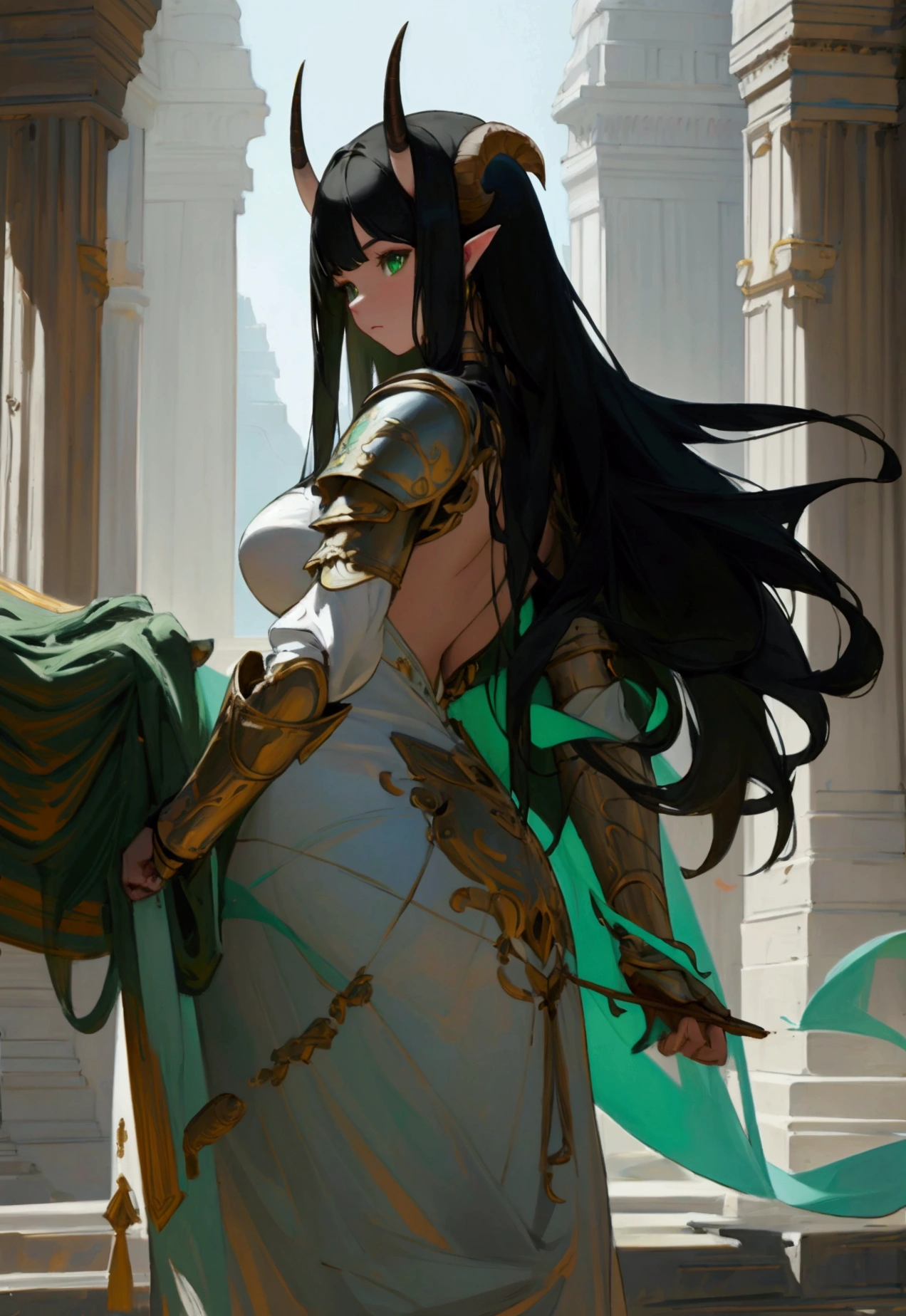 Absurd resolution, high resolution, (Artwork: 1.4), ultra-detailed concept art, female character, light armor, with long black hair, green eyes, fair skin, with huge, curved horns like those of a ram, coming out of the temples and curving back, with the entire body