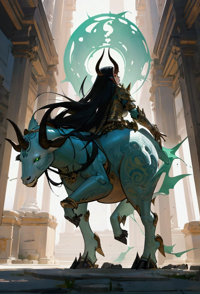 Absurd resolution, high resolution, (Artwork: 1.4), ultra-detailed concept art, female character, light armor, with long black hair, green eyes, fair skin, with huge, curved horns like those of a ram, coming out of the temples and curving back, with the entire body