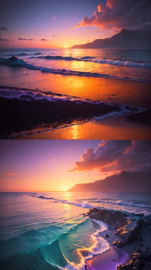 (masterpiece, Highest quality:1.4), Cinematic Light, colorful, High Contrast, neon, null, sunlight, null間, Beach, Wave, unmanned, Vast landscape photography, (a view from below that shows the null above and the sea below use a lot of purple and orange, detailed, Anime style with warm colors and vivid Japan  