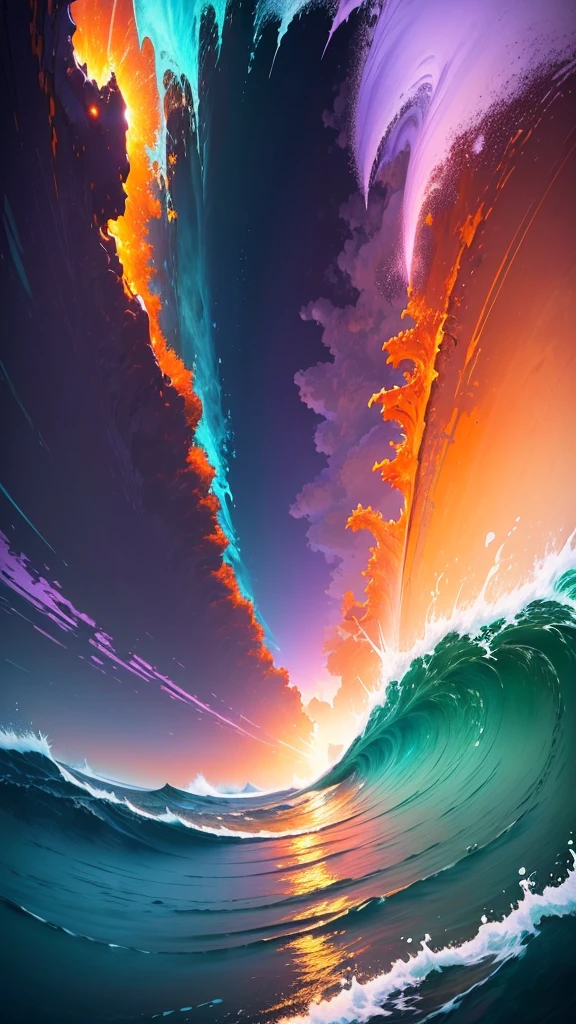 (masterpiece, Highest quality:1.4), Cinematic Light, colorful, High Contrast, neon, null, sunlight, null間, Beach, Wave, unmanned, Vast landscape photography, (a view from below that shows the null above and the sea below use a lot of purple and orange, detailed, Anime style with warm colors and vivid Japan