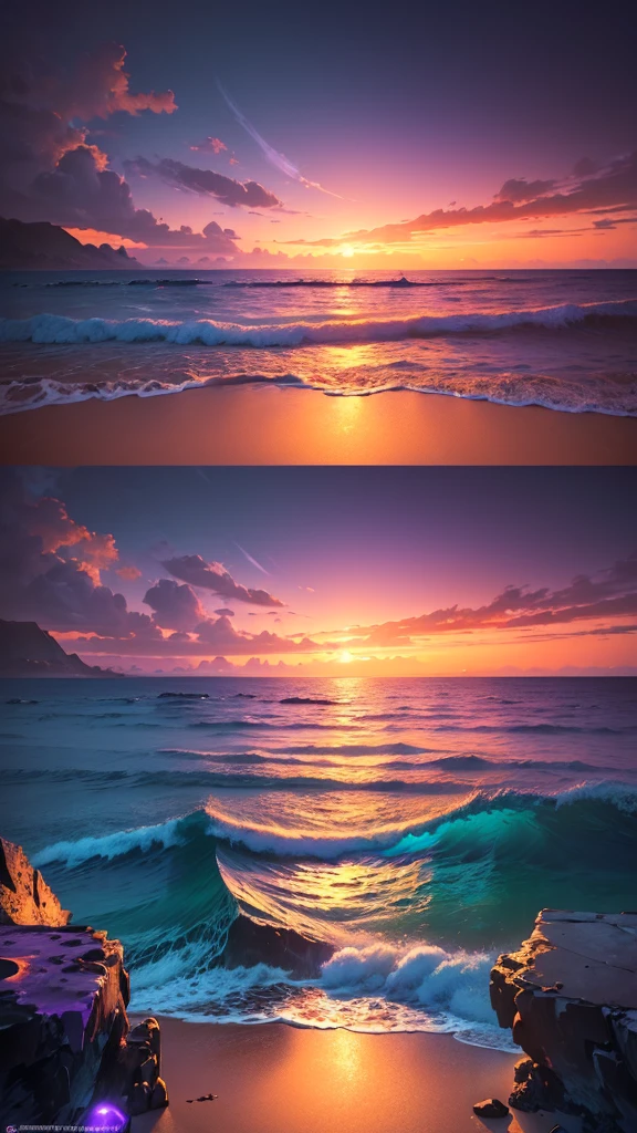 (masterpiece, Highest quality:1.4), Cinematic Light, colorful, High Contrast, neon, null, sunlight, null間, Beach, Wave, unmanned, Vast landscape photography, (a view from below that shows the null above and the sea below use a lot of purple and orange, detailed, Anime style with warm colors and vivid Japan  