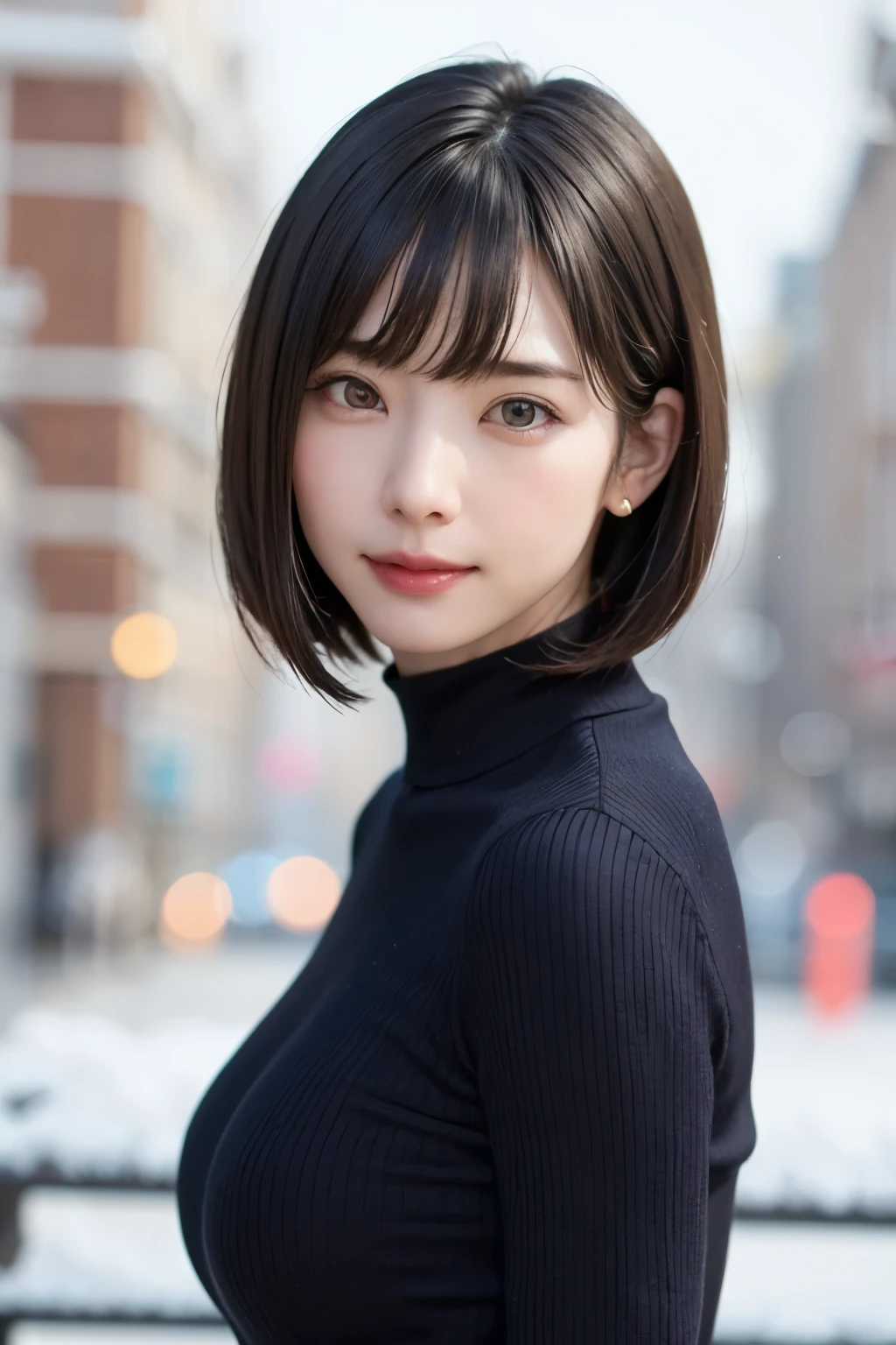 (masterpiece, Highest quality),One Girl, alone, hyper Realistic, Realistic,Realistic, Looking at the audience, Light brown eyes:1.4,Brunette Short Bob Hair with highly detailed shiny hair, Brightly colored winter clothes, Lepangas:1.4), Plein Air, Mouth closed, Upper Body、big chest eye、eyelash、{hugeな|big chest|hugeなな|Mega} chest:2, chestの谷間:2、{huge|big|hugeな|Mega} chest, chestの谷間、(((big chest eye、Short Bob Hair、Student Highlights、Gazing at the audience、She is very beautiful and cute、Listen carefully、Long neck、smile、Close your mouth and smile、Bangs and beautiful teeth、Perfect Anatomy)))、Ideal body type、(Snowy tree-lined road in winter in Norway)、美しいLong neck:1.4、