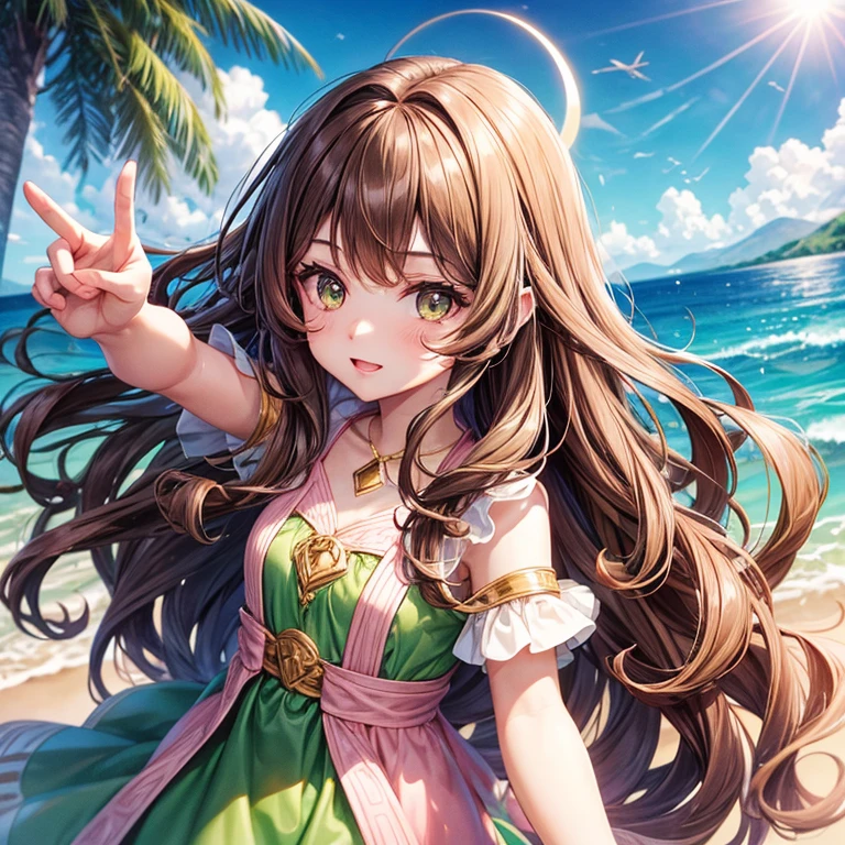 Long wavy hair, brown hair, 1 girl, Emerald Eyes, wave with two fingers, pink lips, light green dress,