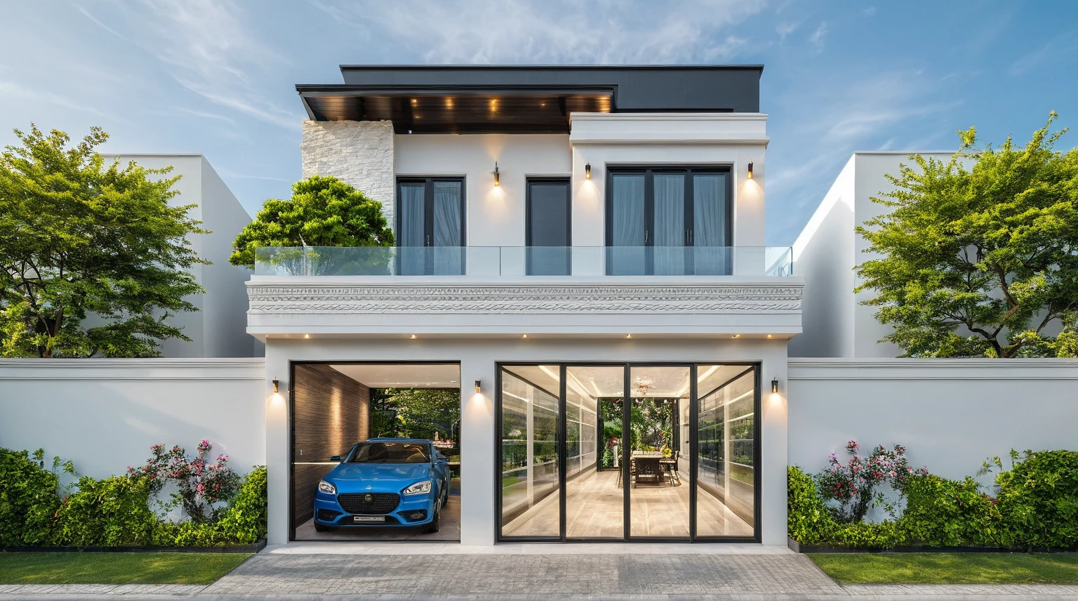 neo classical villa on street, (daylight), tropical tree, vivid colour, streetcapes, white tone, black detail, white wall, large glass door, warm interior lighting, best quality, masterpiece, ultra realistic