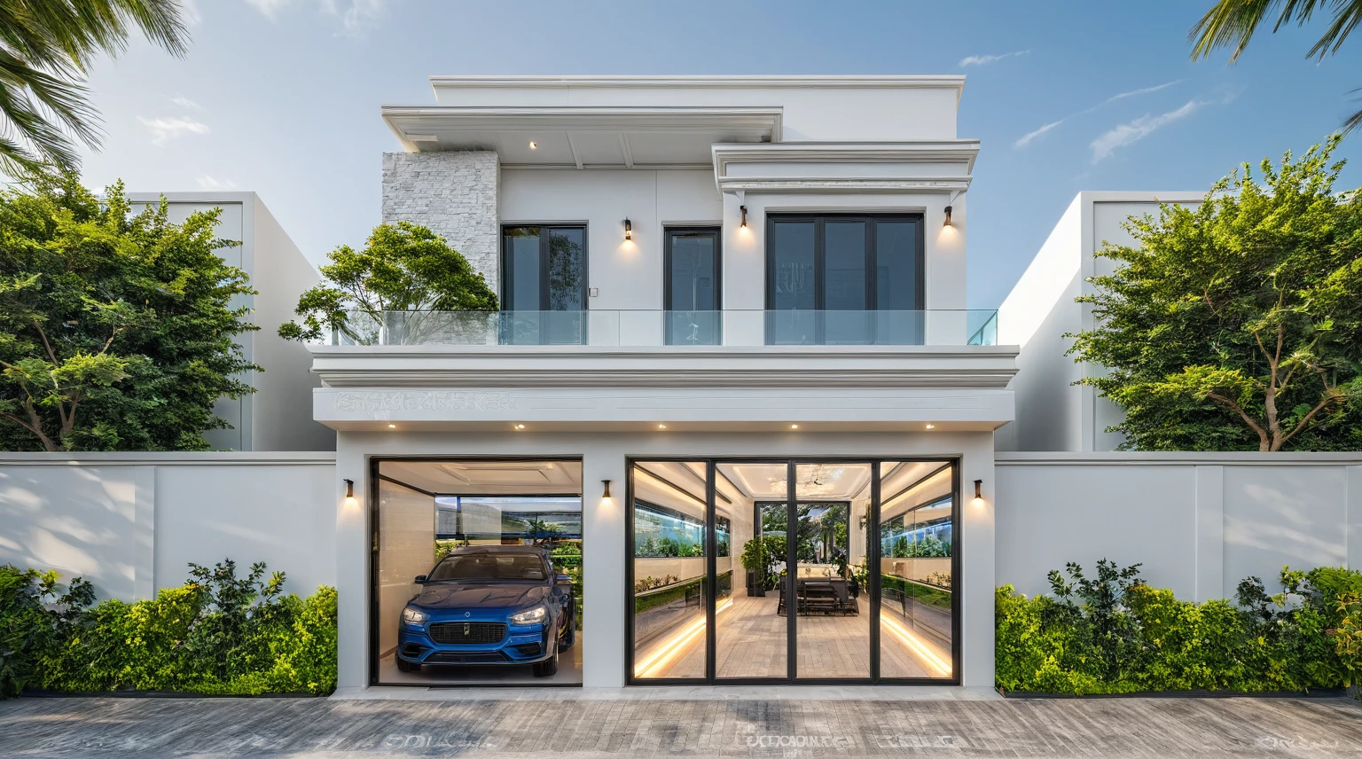 neo classical villa on street, (daylight), tropical tree, vivid colour, streetcapes, white tone, black detail, white wall, large glass door, warm interior lighting, best quality, masterpiece, ultra realistic