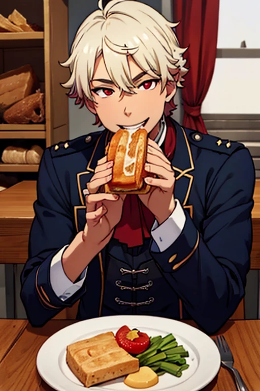 Perfect face. Perfect hands. A young white haired man with red eyes in a Gothic sheriff's uniform is eating lunch in a saloon with a big smile