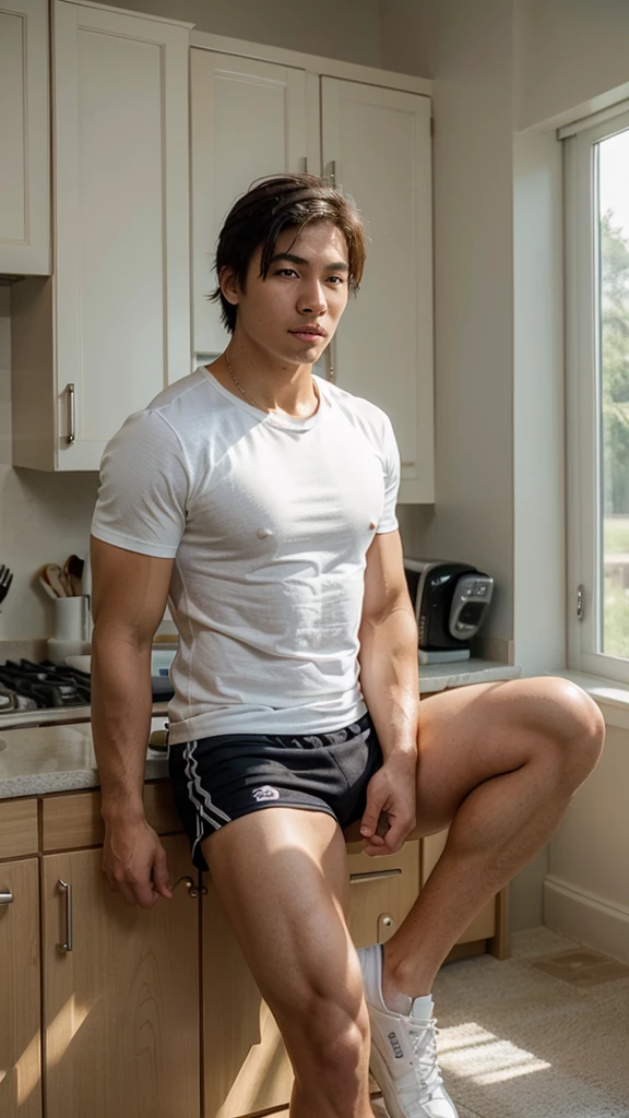 A handsome, muscular young Asian man sitting on the kitchen, wearing, Fieldside, sunlight