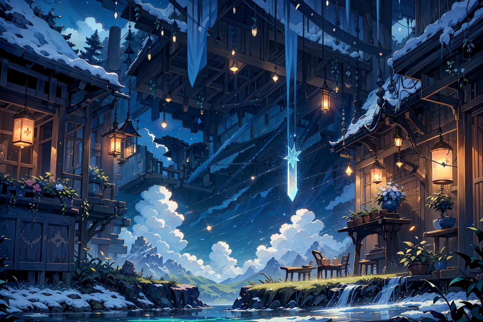 {{{Crescent Moon,Tabletop}}}, {{Highest quality, Ultra-fine illustrations, Beautiful and delicate water}}, {{Very delicate light}}, {{nature, Painting}}, {{Excellent lighting, A more transparent star, Quality Mountains々々々々々々々, Very beautiful 8K PCG wallpaper}}, (plateau), sunrise, Randomly distributed clouds, cliff, ((Rotating starry sky)), ((Lake of the mountain stream)), Glowing particles,warrior,Grab your sword,Japanese sword