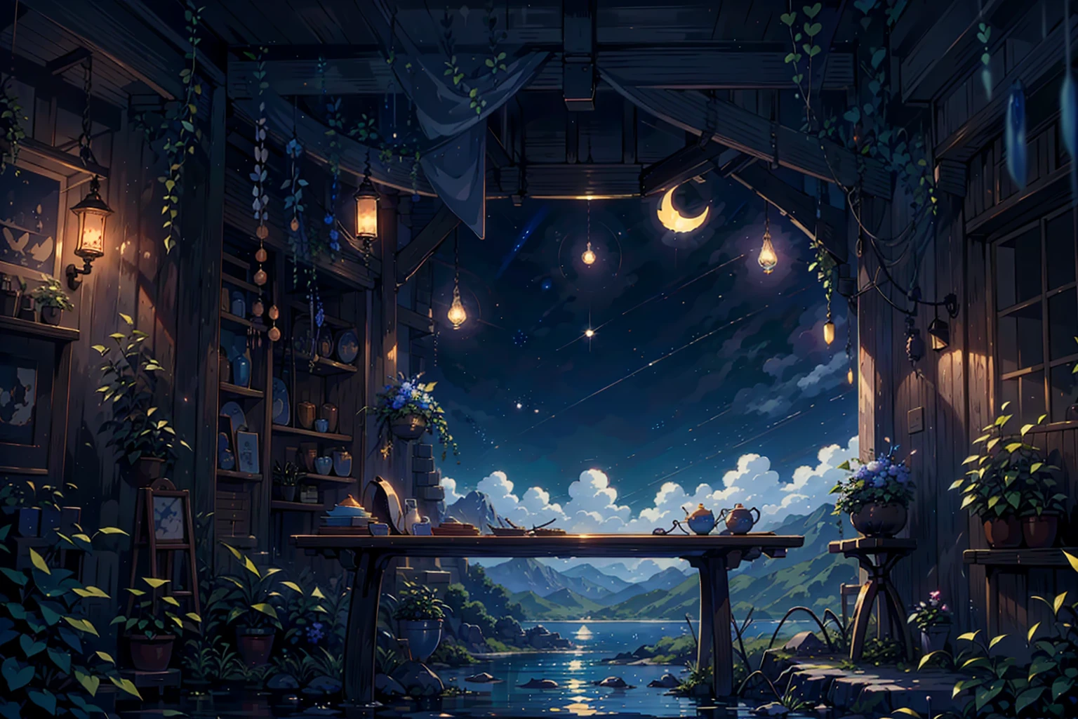 {{{Crescent Moon,Tabletop}}}, {{Highest quality, Ultra-fine illustrations, Beautiful and delicate water}}, {{Very delicate light}}, {{nature, Painting}}, {{Excellent lighting, A more transparent star, Quality Mountains々々々々々々々, Very beautiful 8K PCG wallpaper}}, (plateau), sunrise, Randomly distributed clouds, cliff, ((Rotating starry sky)), ((Lake of the mountain stream)), Glowing particles,warrior,Grab your sword,Japanese sword