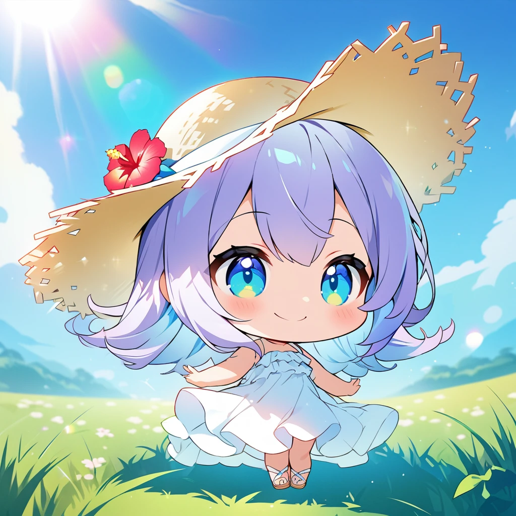 masterpiece, best quality, 4k、2D illustration, one beautiful girl, solo、(((chibi style)))、((vivid colors))、cute chibi, lovely chibi、((colorful))、((long beautiful hair)), glossy light purple hair, hair between eyes, cute, beautifully detailed eyes、((white summer dress))、((straw hat))、hibiscus hair ornament, flip-flops, ((happy smile))、((full body shot))、((summer grasslands))、((gentle breeze))、((blue sky))、sunbeam, white light, ((lens flare)), ((high color saturation)), 