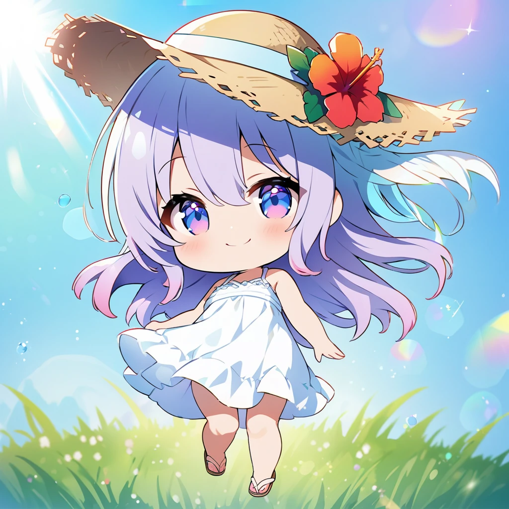 masterpiece, best quality, 4k、2D illustration, one beautiful girl, solo、(((chibi style)))、((vivid colors))、cute chibi, lovely chibi、((colorful))、((long beautiful hair)), glossy light purple hair, hair between eyes, cute, beautifully detailed eyes、((white summer dress))、((straw hat))、hibiscus hair ornament, flip-flops, ((happy smile))、((full body shot))、((summer grasslands))、((gentle breeze))、((blue sky))、sunbeam, white light, ((lens flare)), ((high color saturation)), 