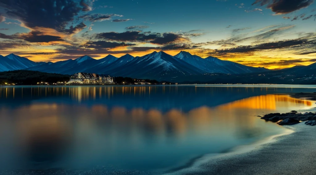 A serene nighttime waterfront scene featuring a row of charming buildings with brightly lit windows reflecting on the calm water. The foreground consists of a wooden boardwalk extending along the left side of the image, leading towards the brightly illuminated buildings. The buildings vary in color, with hues of white, blue, and yellow, and are nestled at the base of dark, forested mountains. The sky is a mix of deep blues and dark clouds, with a hint of orange glow near the horizon, suggesting distant city lights or the last remnants of sunset. The water is smooth, reflecting the lights from the buildings and the faint colors of the sky. In the distance, the mountains loom large, adding a sense of tranquility and isolation to the scene.